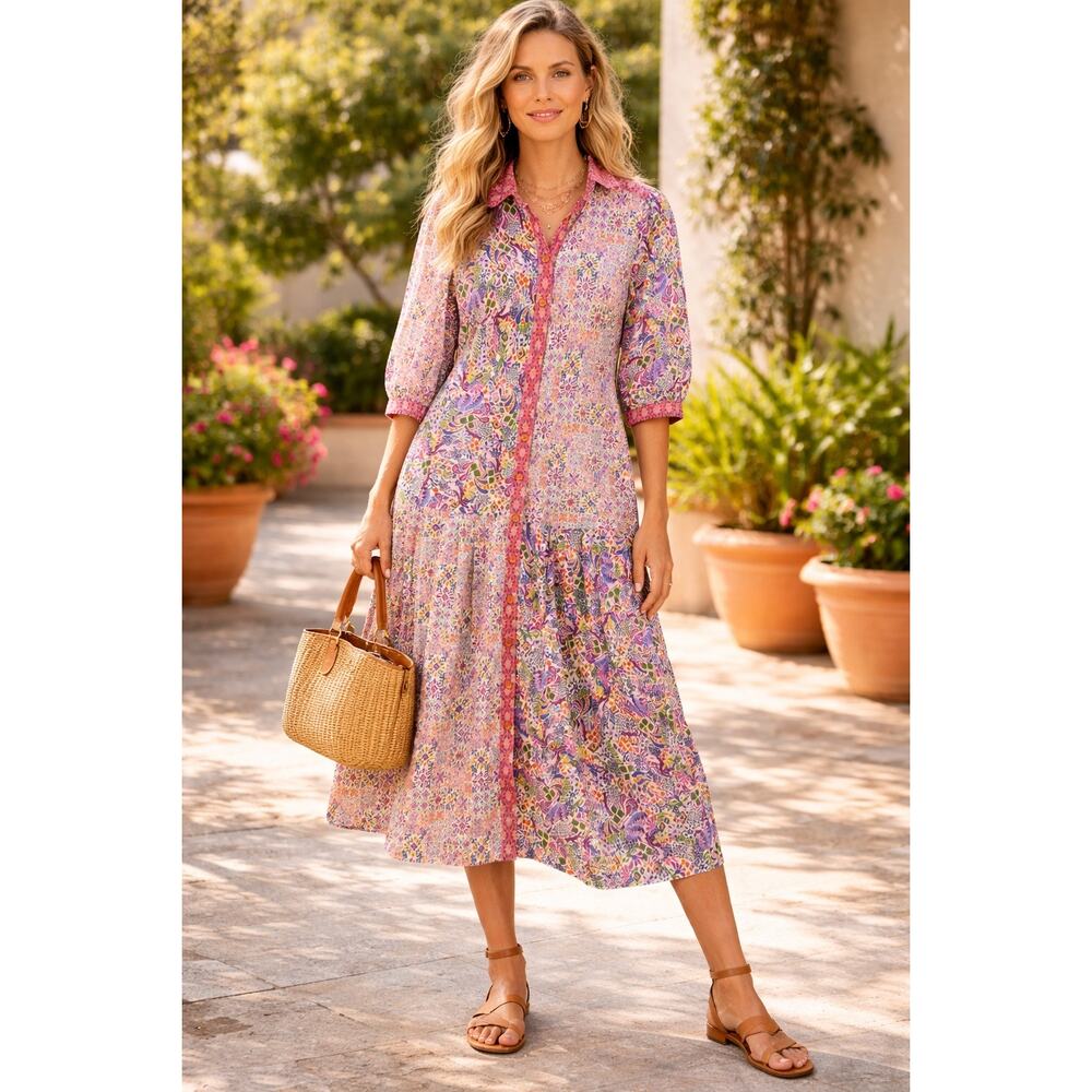 MIRTO 1956 100% Cotton Patchwork Paisley Floral Midi Dress Sz 44 Boho Resort